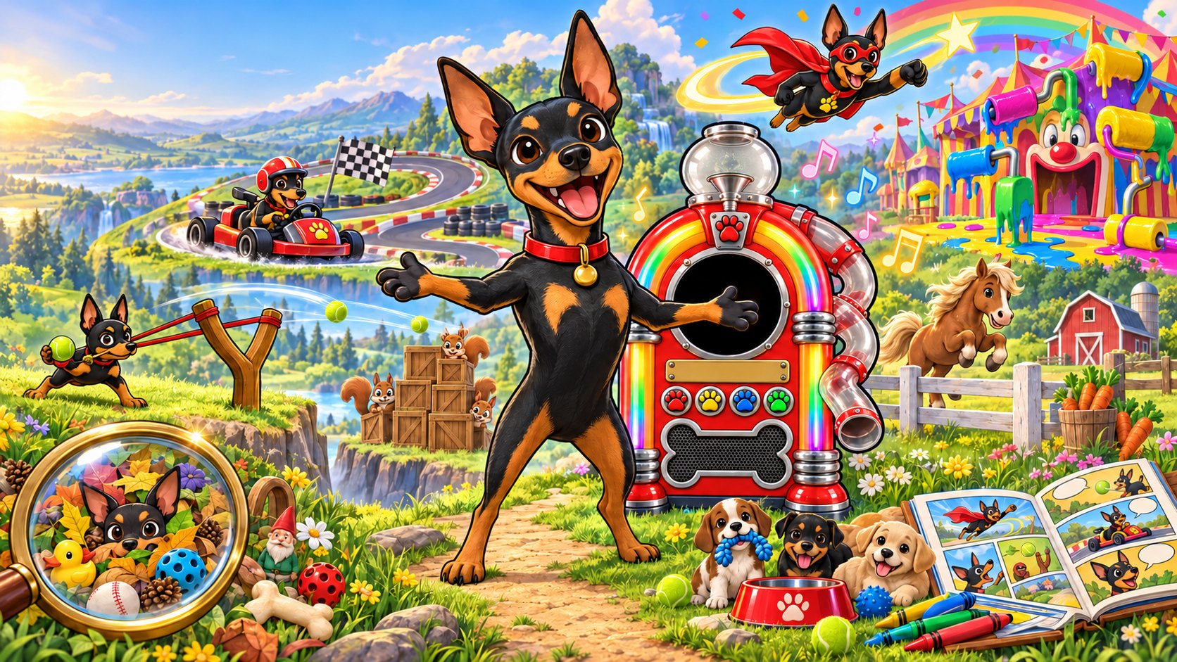 Rocko in the middle of his whole world: kart racing, Super Rocko flying, the Fetch-O-Matic jukebox, the slingshot game, a pony, puppies and more