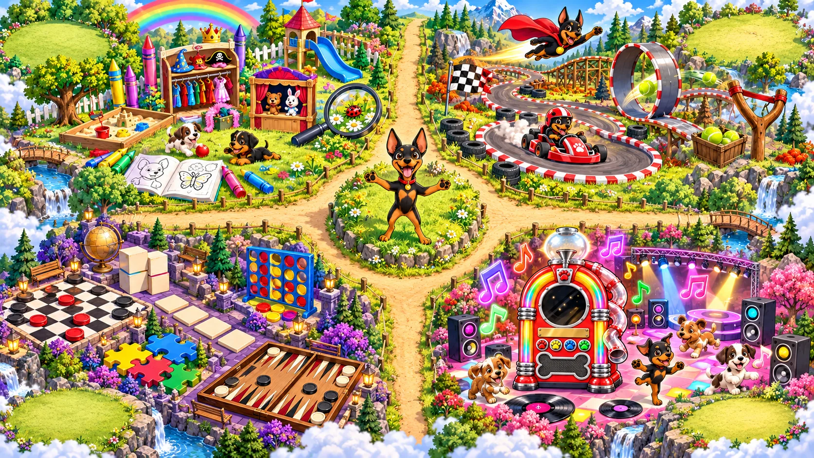 Map of Rocko's World: Kids Corner, Adventure Corner, Puzzle Corner and Tunes Corner around Rocko